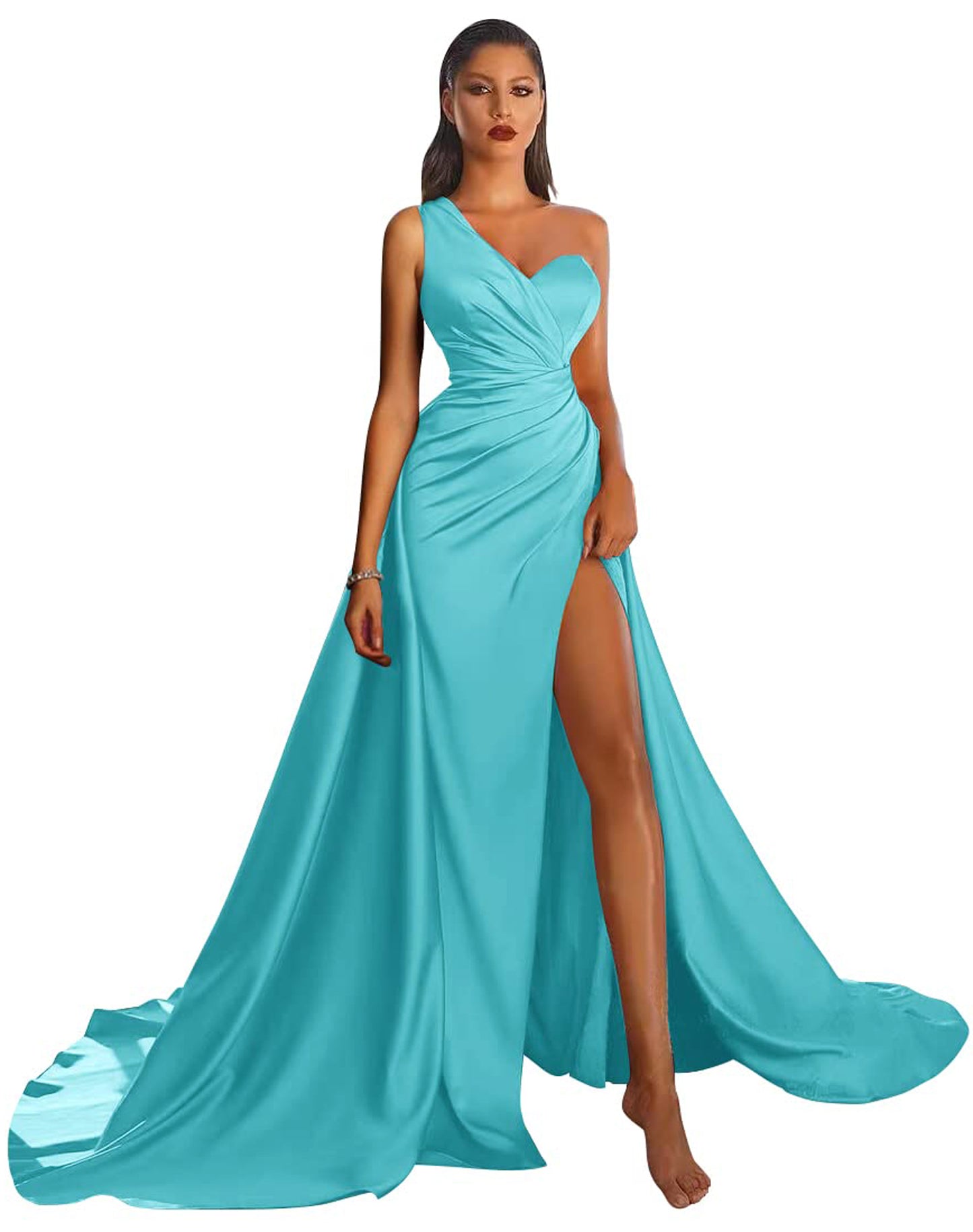 A Line Long Prom Dress One Shoulder Satin Slit Evening Ball Gown GD101506