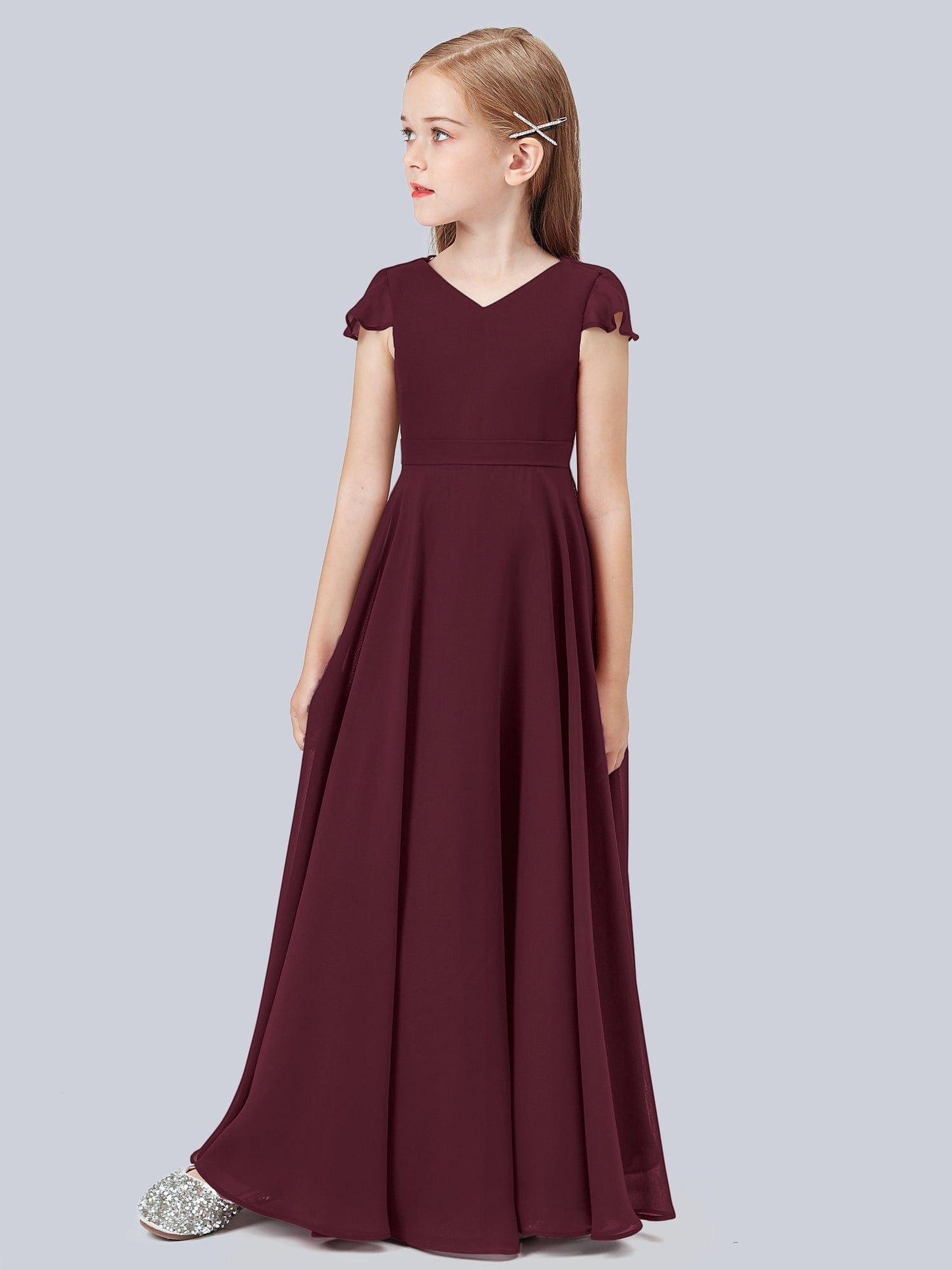 Chiffon A-Line V-Neck Half Sleeves Junior Dress-FJ00015