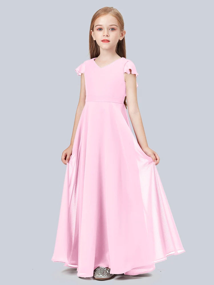 Chiffon A-Line V-Neck Half Sleeves Junior Dress-FJ00015