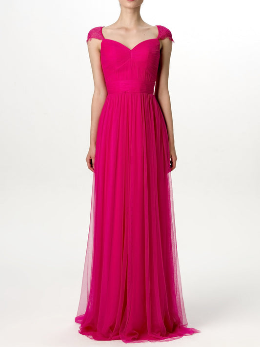 Lace Column Sweetheart Cap Sleeves Bridesmaid Dress-F0113195