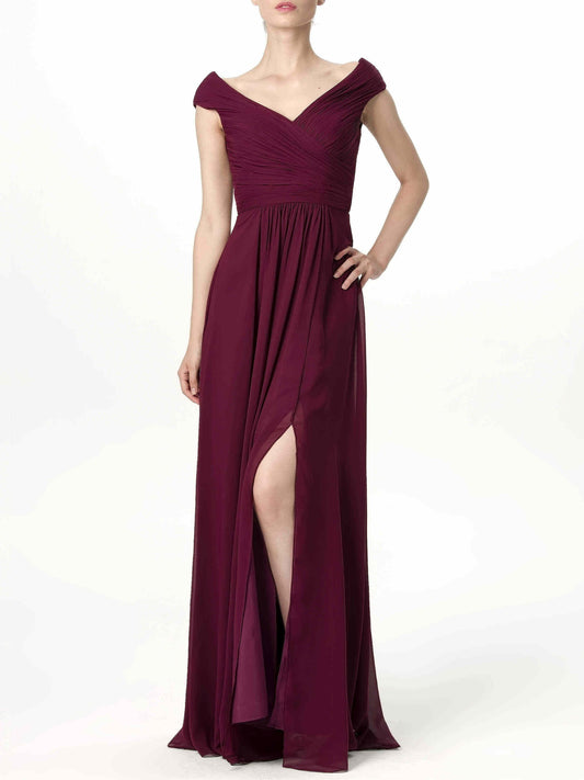 Chiffon Column V-Neck Cap Sleeves Bridesmaid Dress-F0113198