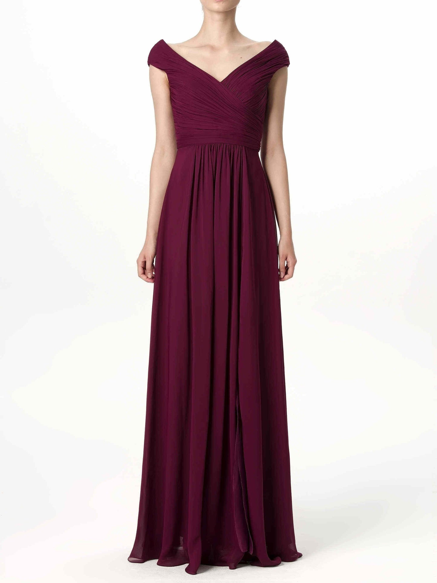 Chiffon Column V-Neck Cap Sleeves Bridesmaid Dress-F0113198