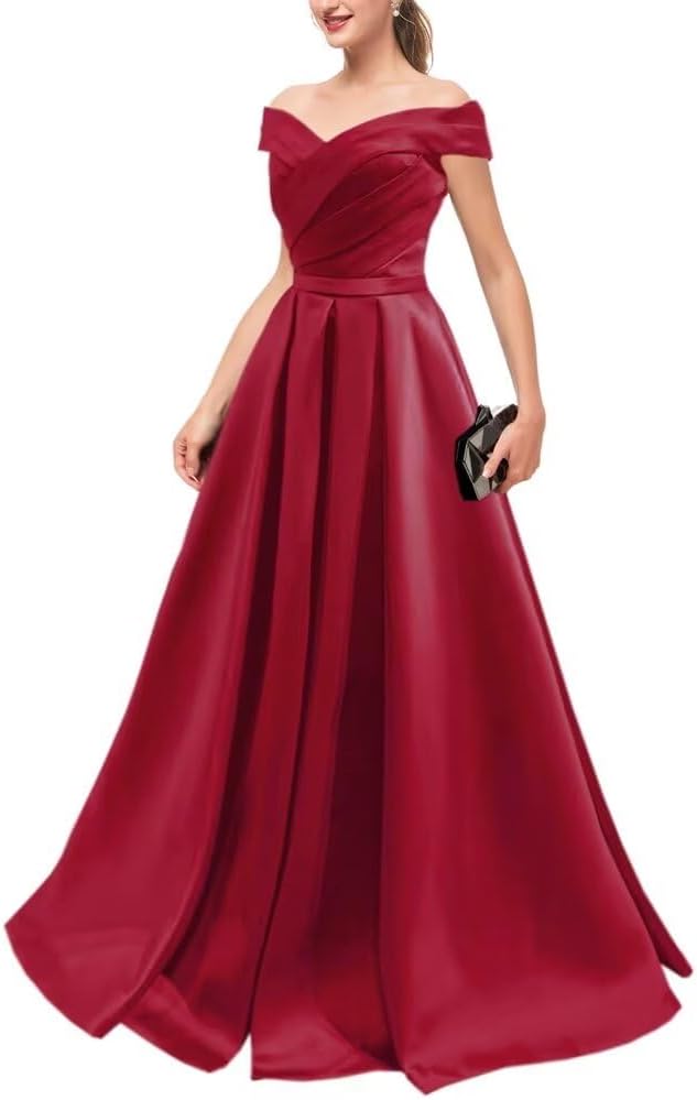 Satin Long Prom Dress Off the Shoulder A Line Evening Ball Gown with Pockets GD1190