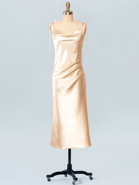 Stretch Satin A-Line Cowl Neck Sleeveless Bridesmaid Dress-F0313041