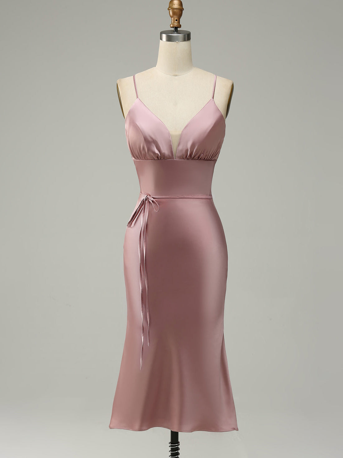 Stretch Satin Column V-Neck Sleeveless Bridesmaid Dress-F0313031