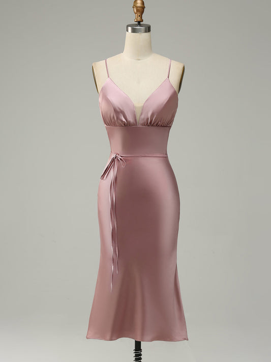 Stretch Satin Column V-Neck Sleeveless Bridesmaid Dress-F0313031