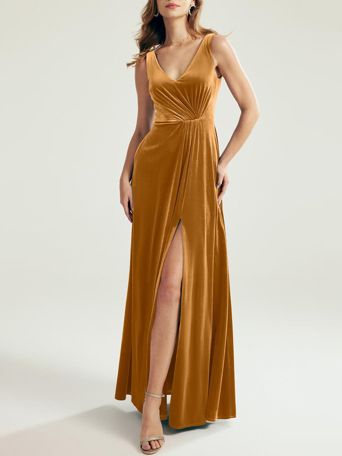 Velvet A-Line V-Neck Sleeveless Bridesmaid Dress-F0313012