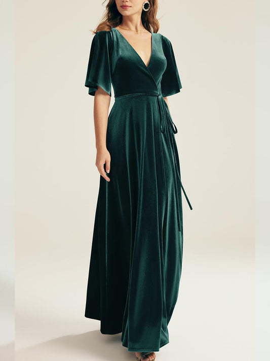 Velvet A-Line V-Neck Half Sleeves Bridesmaid Dress-F0313009