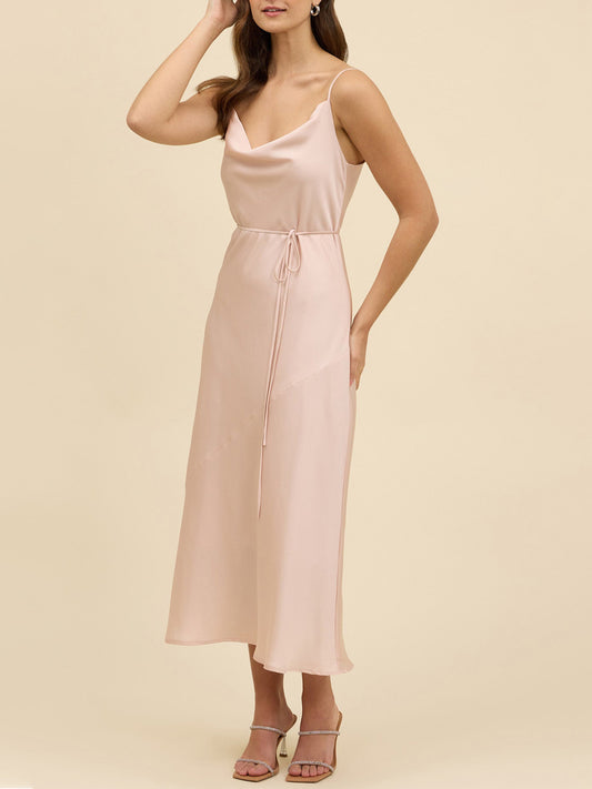 Stretch Satin A-Line Cowl Neck Sleeveless Bridesmaid Dress-F0313038