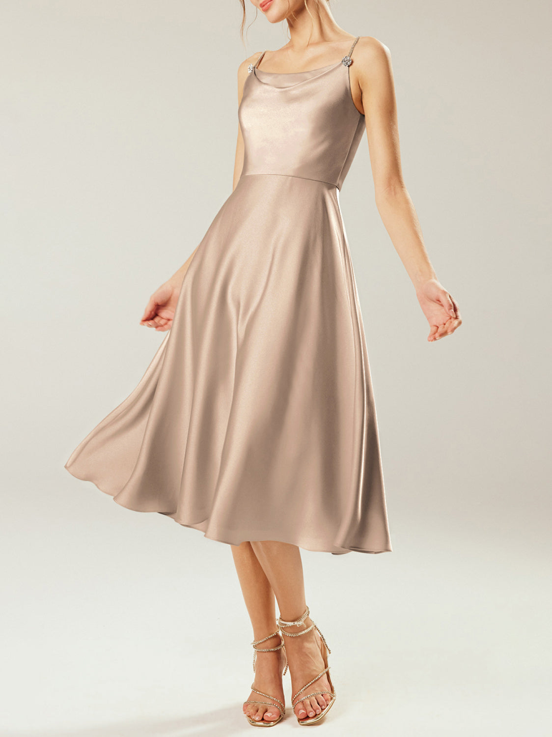 Stretch Satin A-Line Cowl Neck Sleeveless Bridesmaid Dress-F0313024