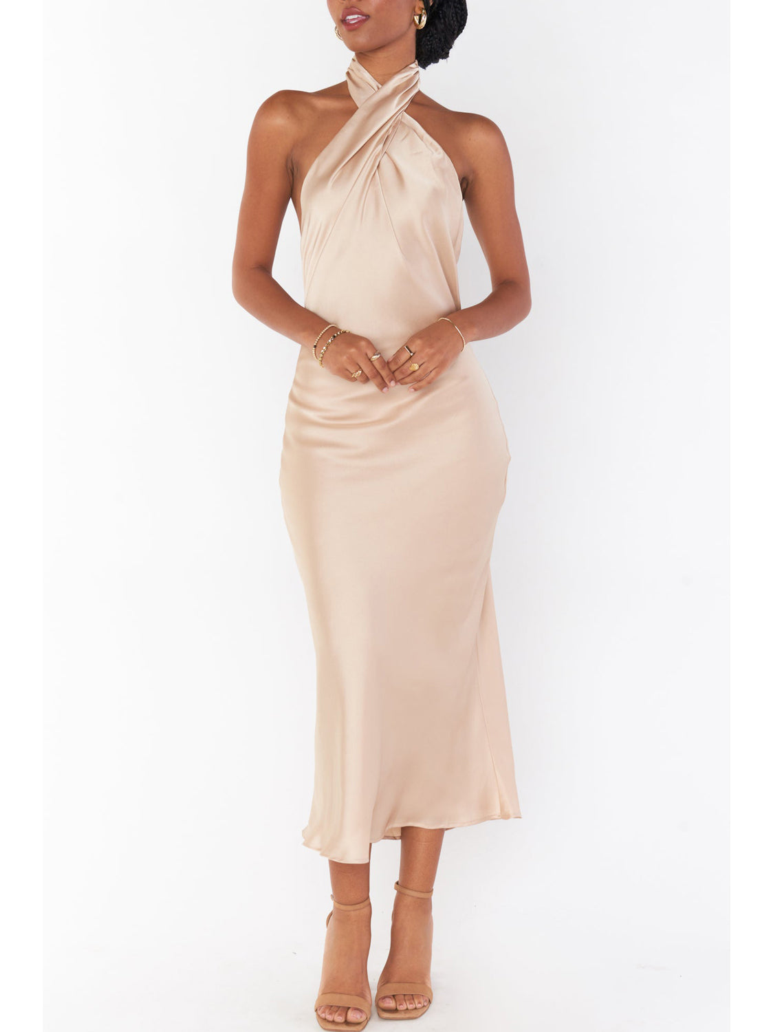 Stretch Satin A-Line Halter Sleeveless Bridesmaid Dress-F0313011