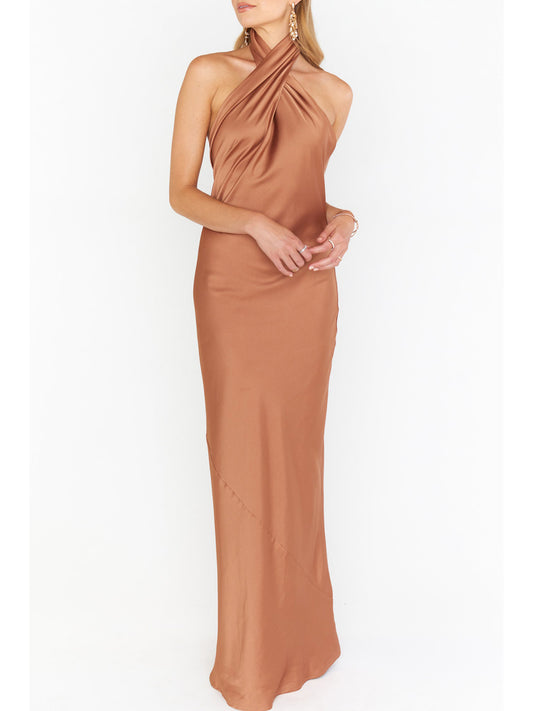 Stretch Satin A-Line Halter Sleeveless Bridesmaid Dress-F0313007