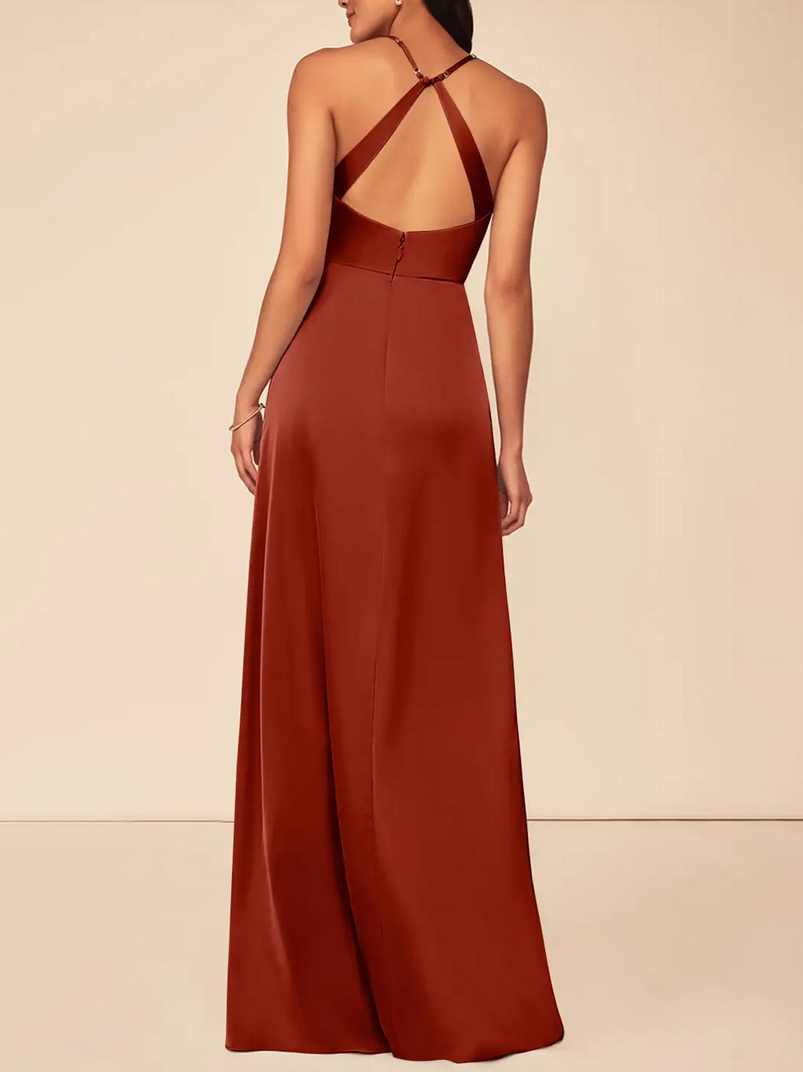 Stretch Satin A-Line V-Neck Sleeveless Bridesmaid Dress-F0313015