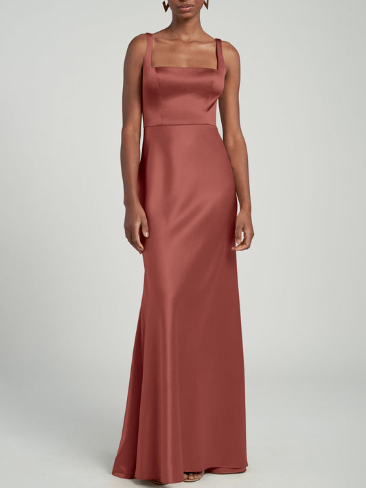 Stretch Satin A-Line Boat Neck Sleeveless Bridesmaid Dress-F0313016