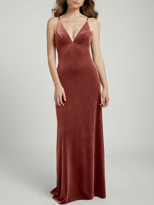 Velvet A-Line V-Neck Sleeveless Bridesmaid Dress-F0313037