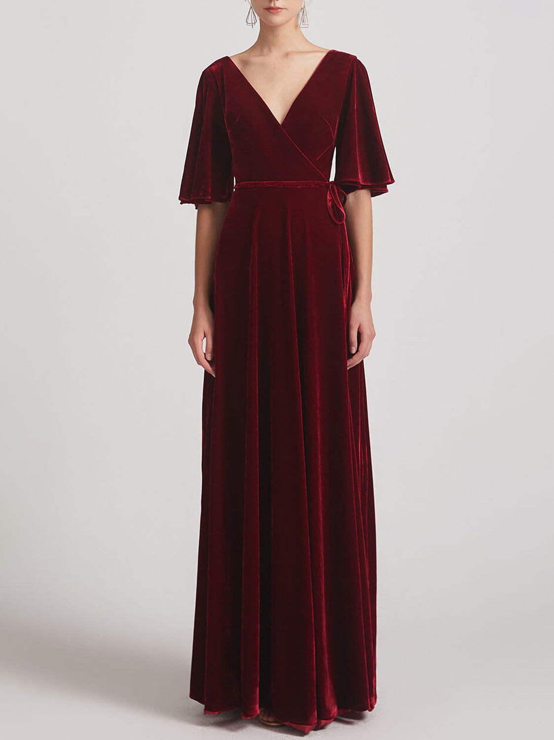 Velvet A-Line V-Neck Half Sleeves Bridesmaid Dress-F0313003