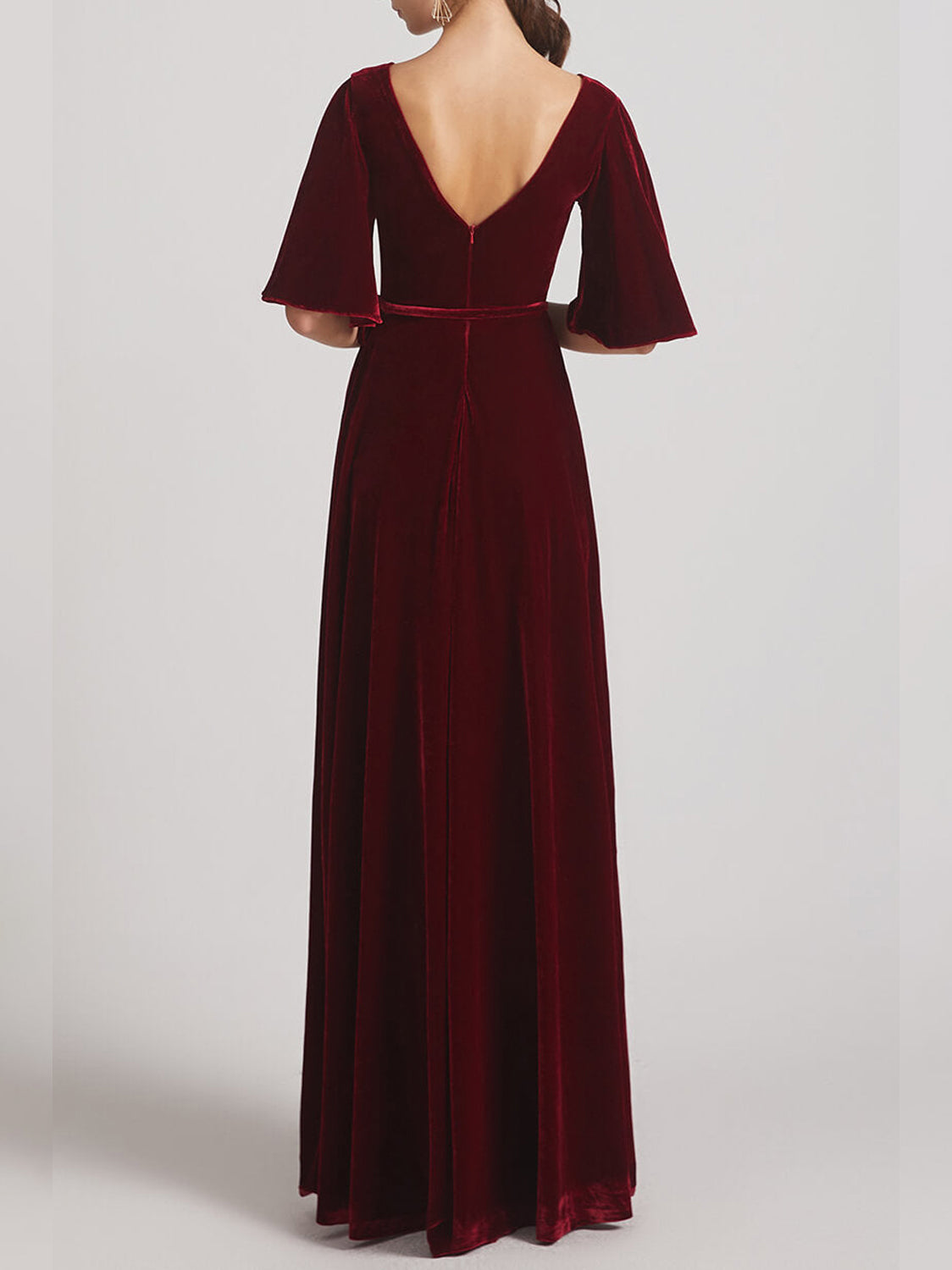 Velvet A-Line V-Neck Half Sleeves Bridesmaid Dress-F0313003