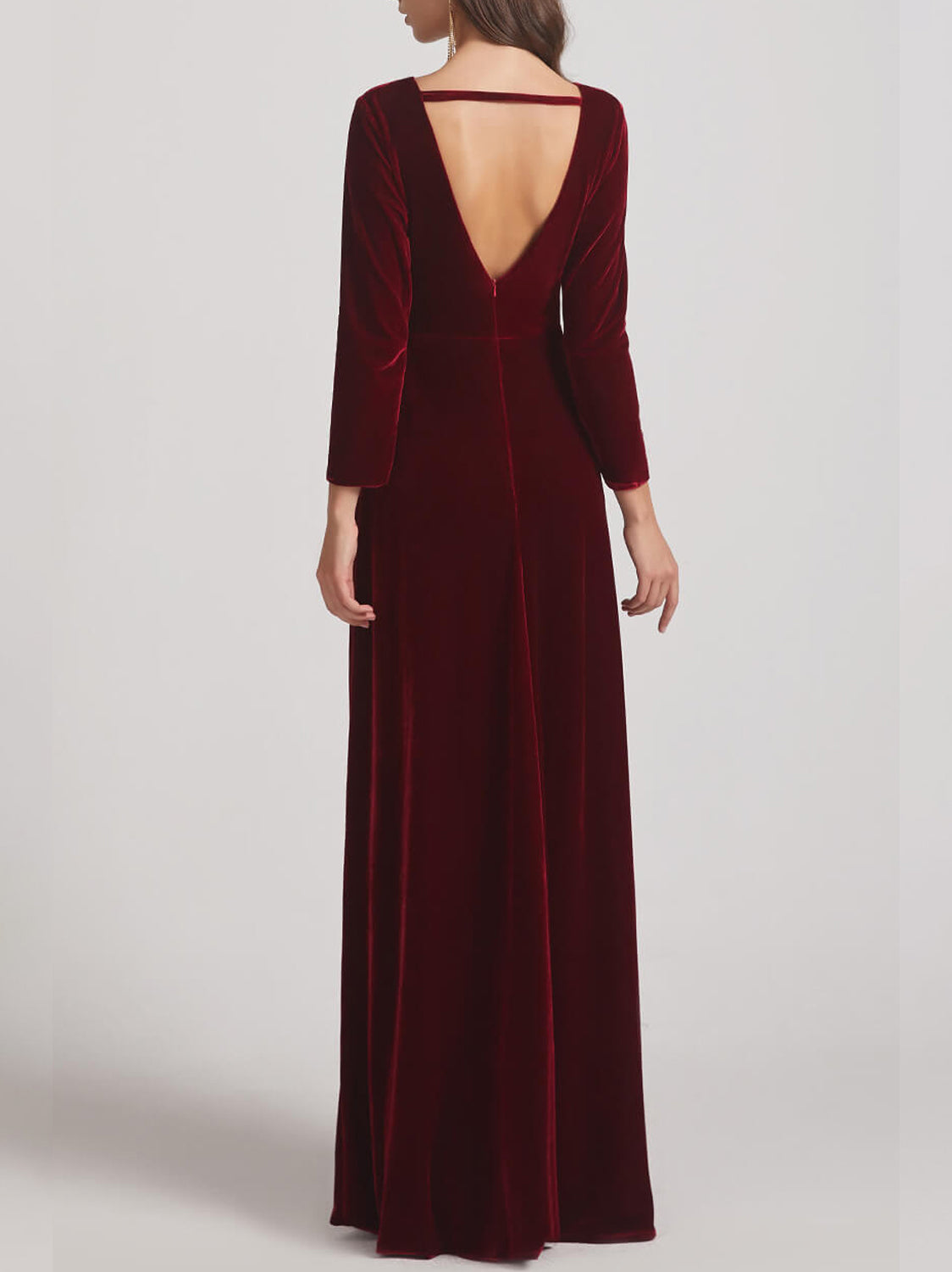 Velvet A-Line V-Neck Long Sleeves Bridesmaid Dress-F0313042