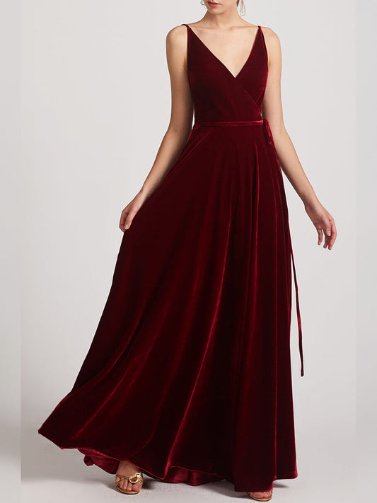 Velvet A-Line V-Neck Sleeveless Bridesmaid Dress-F0313032