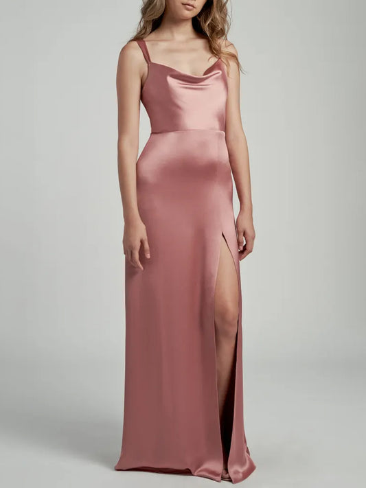 Stretch Satin A-Line Cowl Neck Sleeveless Bridesmaid Dress-F0313040