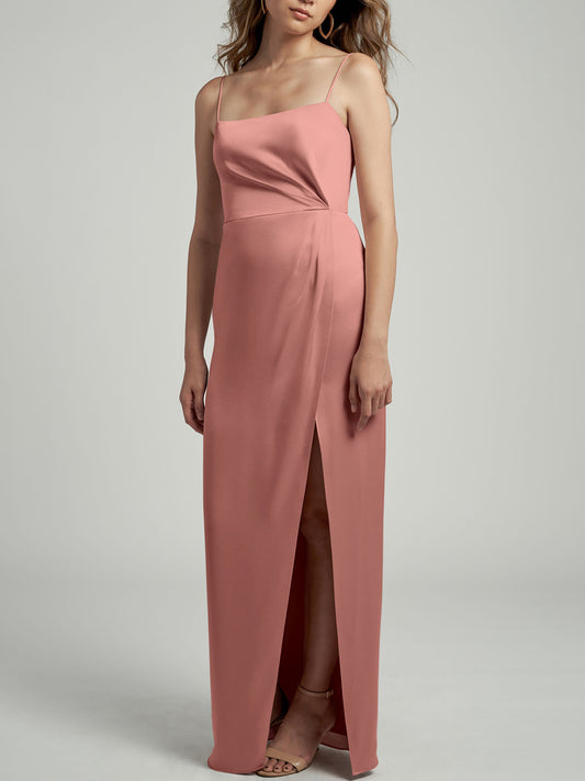 Stretch Satin Column Boat Neck Sleeveless Bridesmaid Dress-F0313033