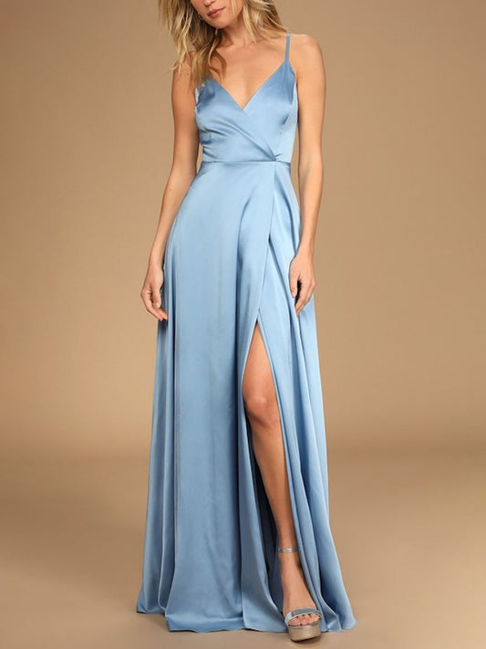 Stretch Satin A-Line V-Neck Sleeveless Bridesmaid Dress-F0313023