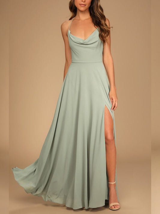 Stretch Satin A-Line Cowl Neck Sleeveless Bridesmaid Dress-F0313005