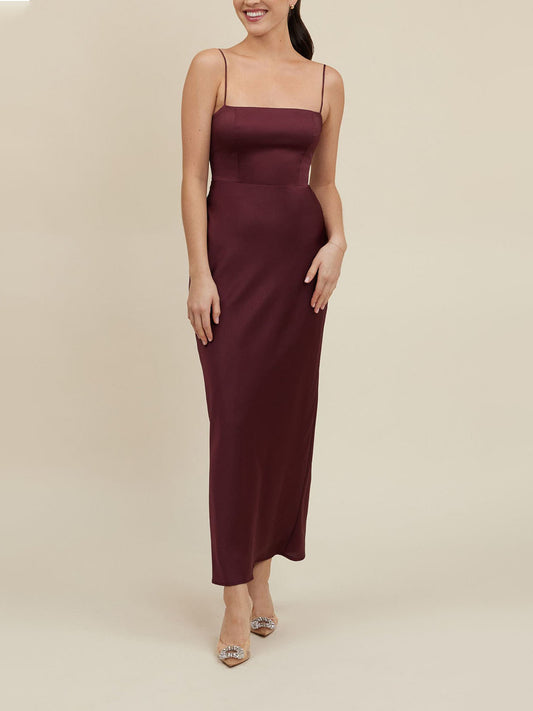 Stretch Satin Column Boat Neck Sleeveless Bridesmaid Dress-F0313034