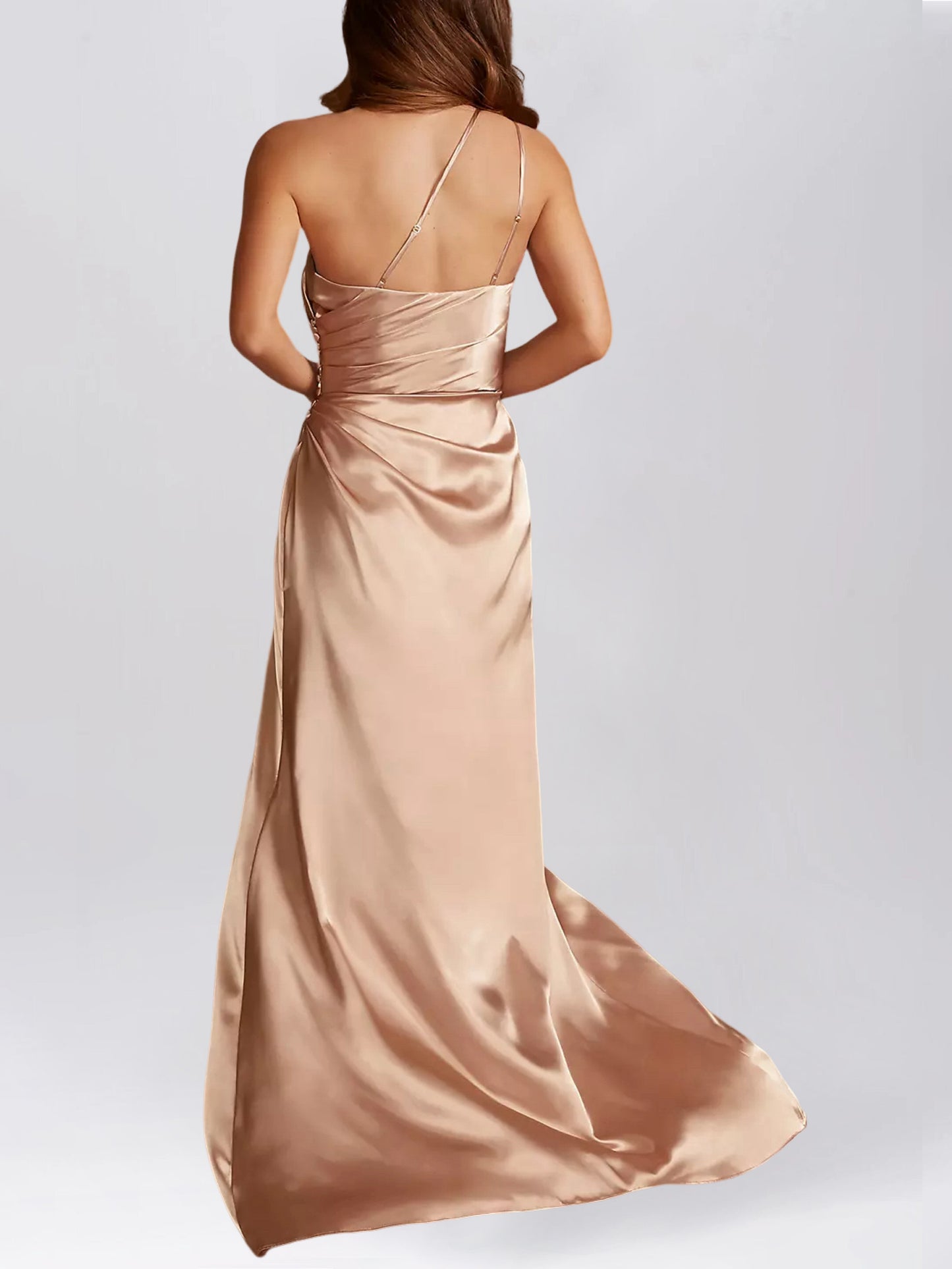 Stretch Satin Column One Shoulder Sleeveless Bridesmaid Dress-F0313045