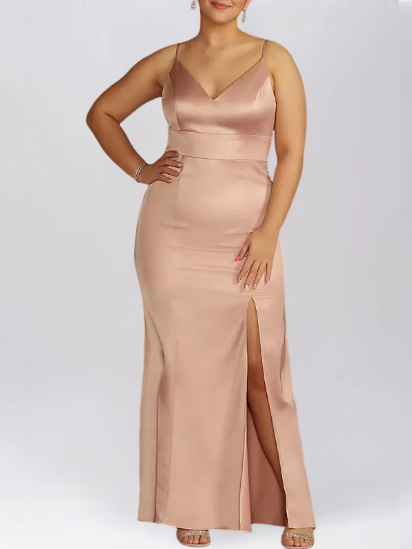 Stretch Satin Column V-Neck Sleeveless Bridesmaid Dress-F0313046