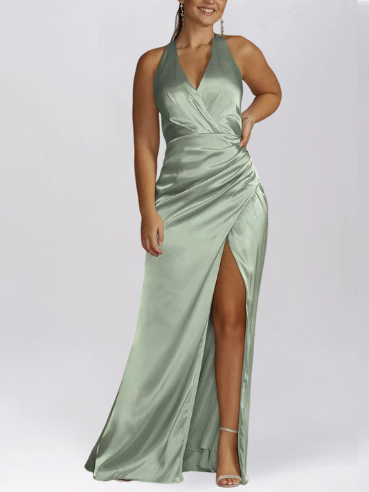 Stretch Satin Column V-Neck Sleeveless Bridesmaid Dress-F0313048