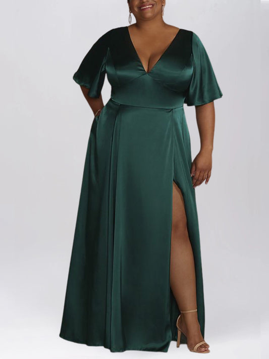 Stretch Satin A-Line V-Neck Half Sleeves Bridesmaid Dress-F0313050