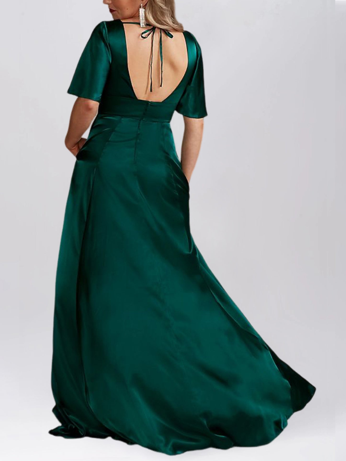Stretch Satin A-Line V-Neck Half Sleeves Bridesmaid Dress-F0313050