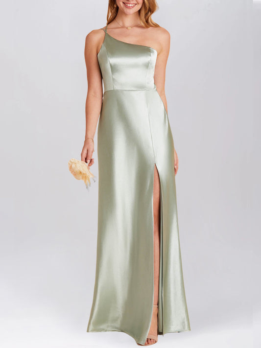Stretch Satin Column One Shoulder Sleeveless Bridesmaid Dress-F0313053