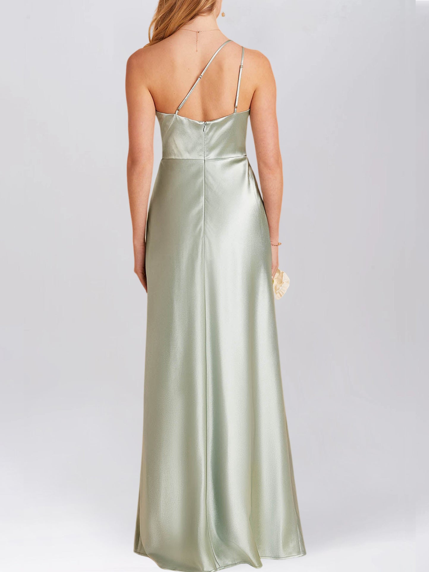 Stretch Satin Column One Shoulder Sleeveless Bridesmaid Dress-F0313053