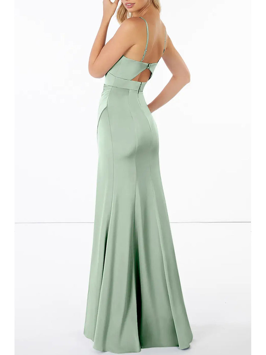 Stretch Satin Column V-Neck Sleeveless Bridesmaid Dress-F0313054