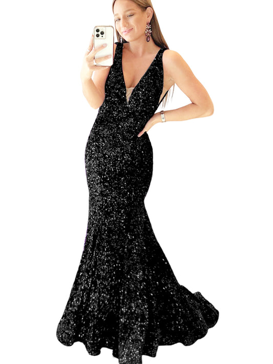 Long Dress Sequin V-neck Back Strap Fashion Long Sleeveless Party Dress GD101938