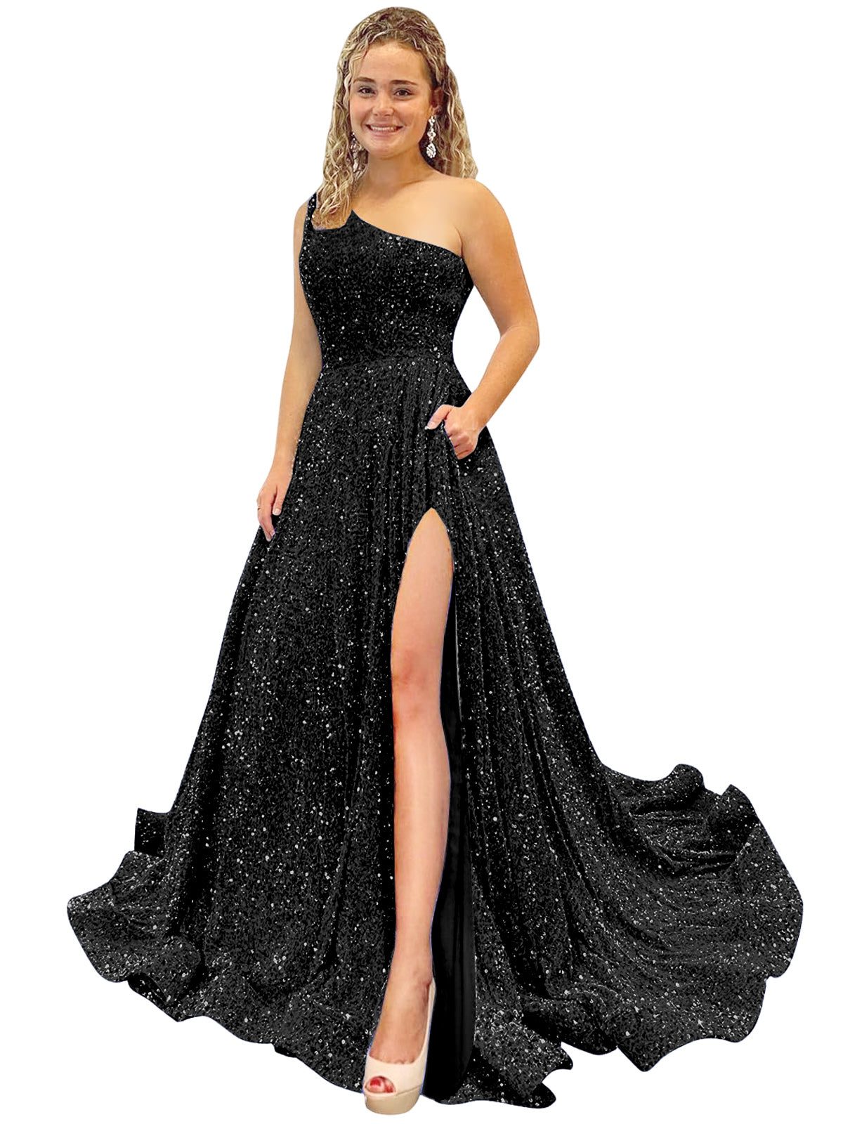 Women's Long Dress Sequin One Shoulder Back Strap Slit Fashion Long Sleeveless Party Dress GD101939