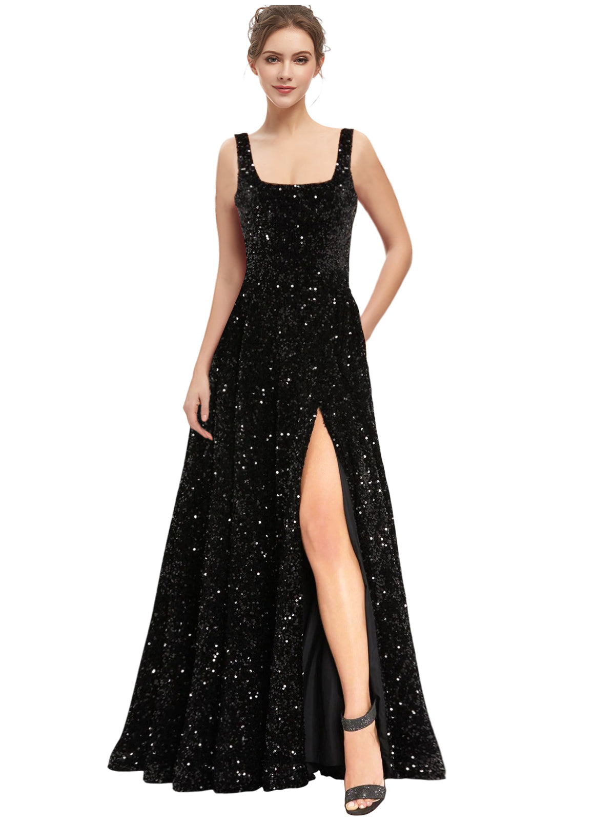 Women's Long Dress Sequin Bateau/Boat Back Strap Slit Fashion Long Sleeveless Party Dress GD101932