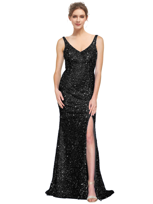 Sequin Long Dress V Neck Sheath Evening Ball Gown GD300002