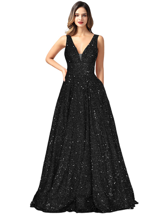 2025 Long Dress Sequin V-Neck Slit Fashion Sleeveless Pockets Party Dress GD101934