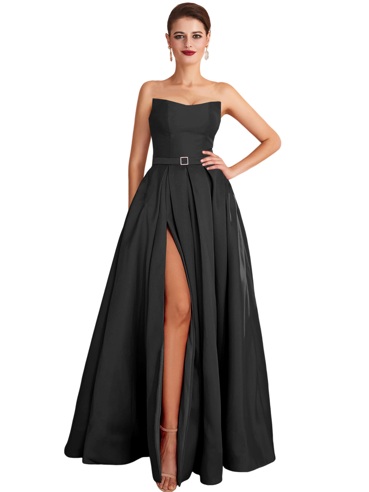 A Line Long Prom Dress Strapless Satin Slit Evening Ball Gown GD101542