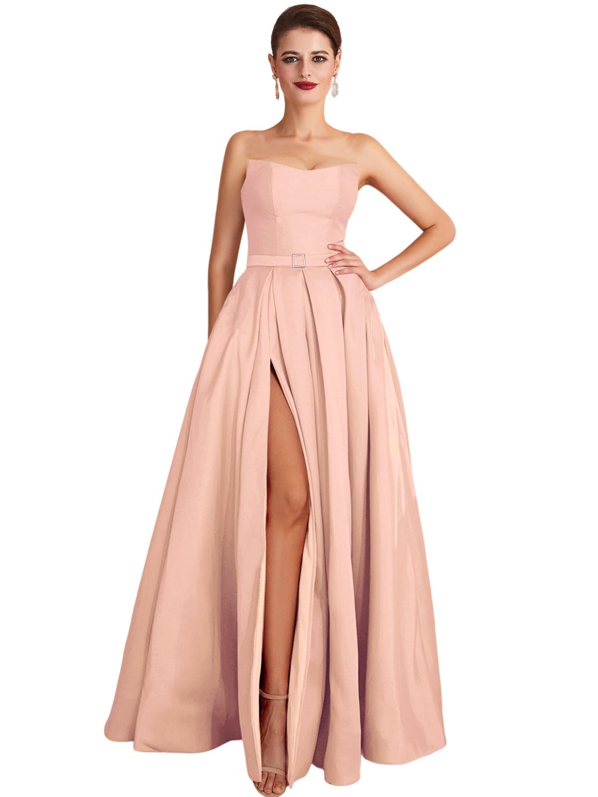 A Line Long Prom Dress Strapless Satin Slit Evening Ball Gown GD101542