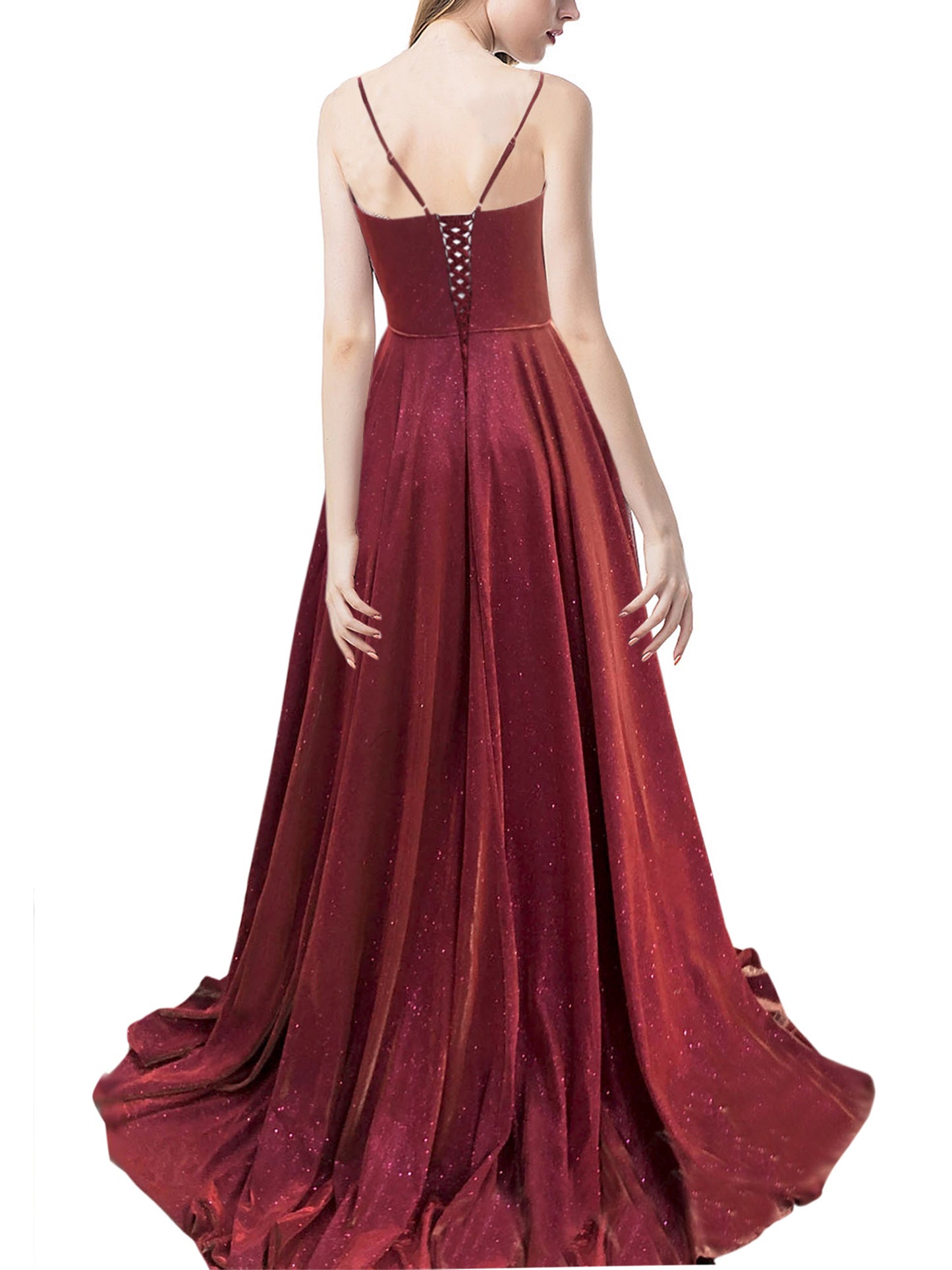 Women's Long Dress Glitter V-neck Slits Back Strap Fashion Long Sleeveless Slit Party Dress B19390