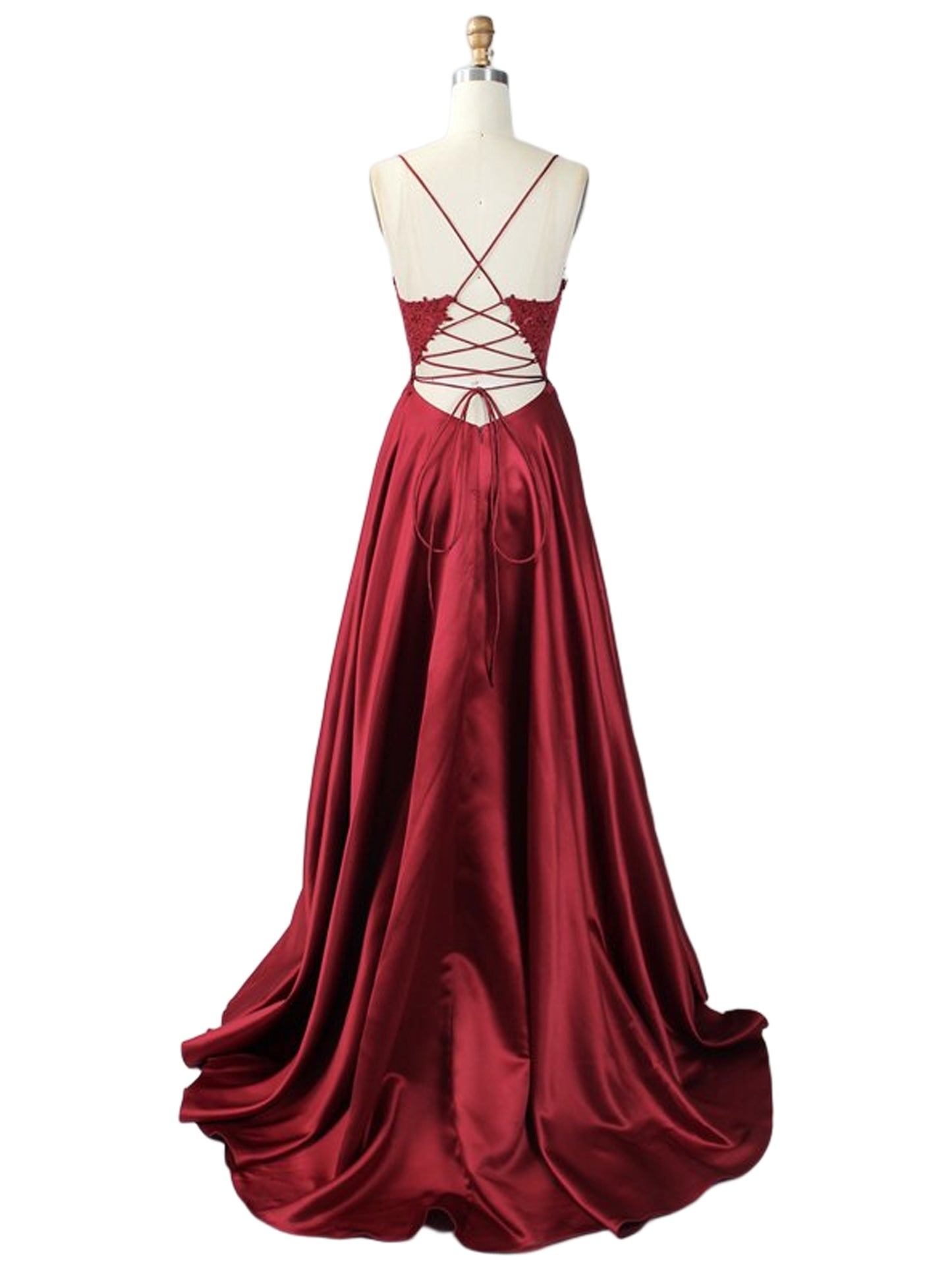 A Line Long Prom Dress Lace Satin Evening Ball Gown GD101504