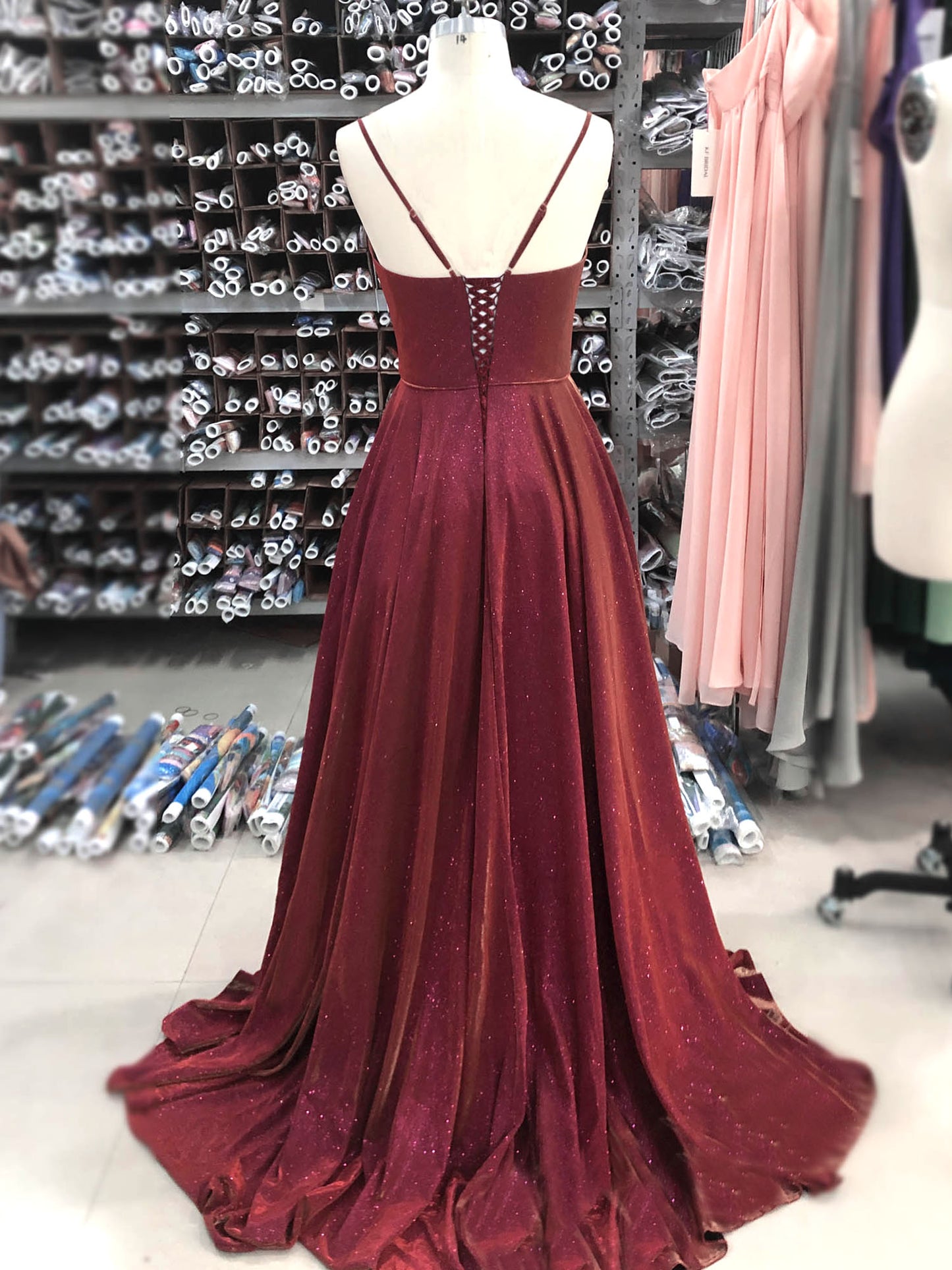 Women's Long Dress Glitter V-neck Slits Back Strap Fashion Long Sleeveless Slit Party Dress B19390