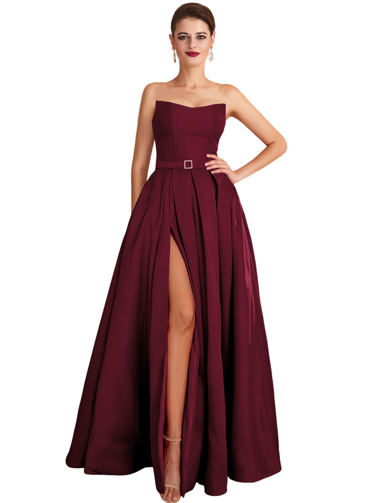 A Line Long Prom Dress Strapless Satin Slit Evening Ball Gown GD101542