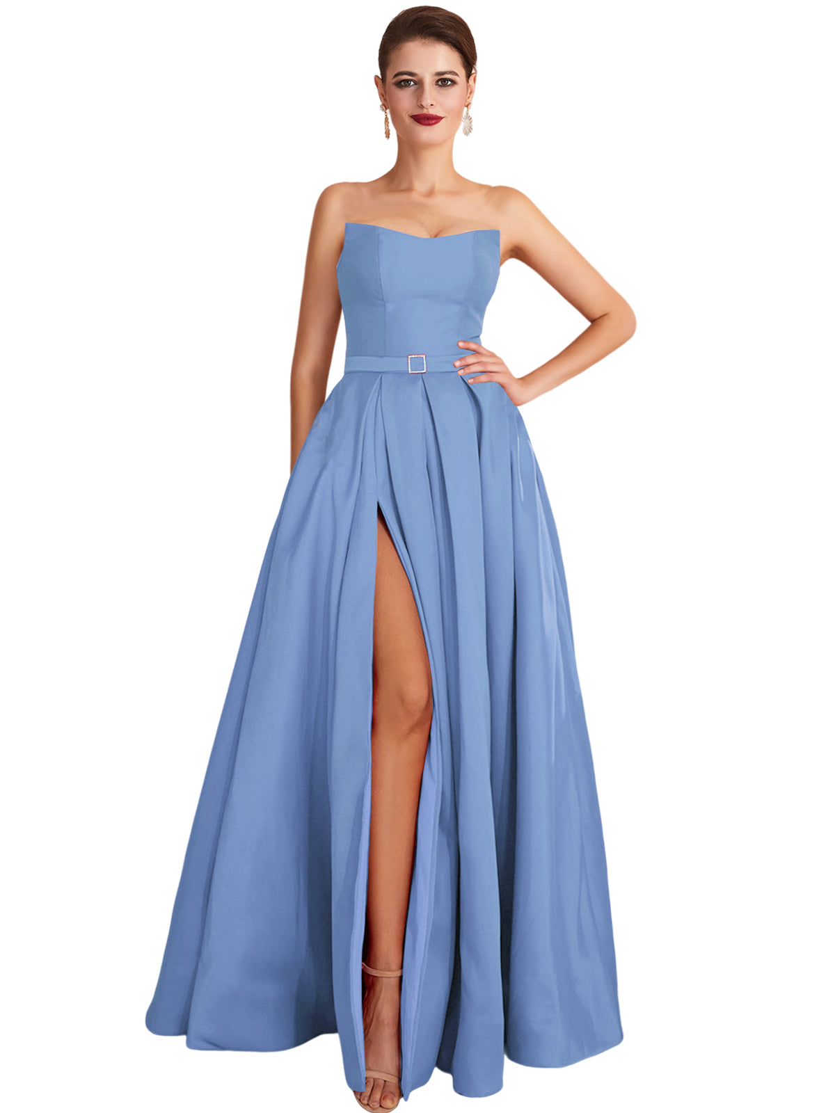 A Line Long Prom Dress Strapless Satin Slit Evening Ball Gown GD101542