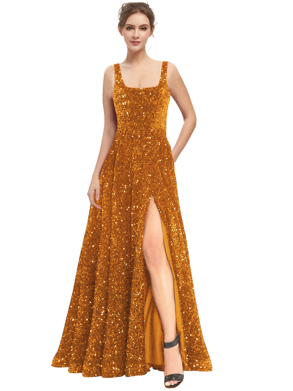 Women's Long Dress Sequin Bateau/Boat Back Strap Slit Fashion Long Sleeveless Party Dress GD101932