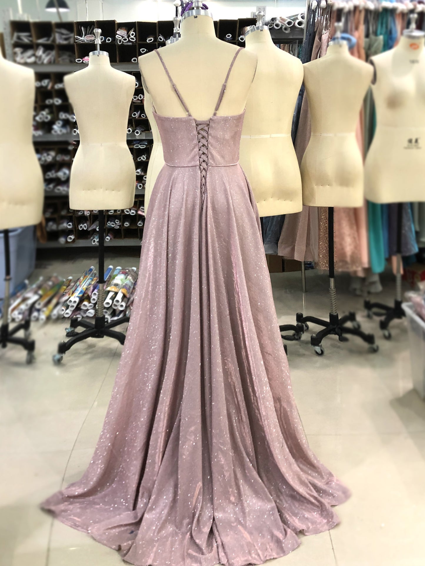Women's Long Dress Glitter V-neck Slits Back Strap Fashion Long Sleeveless Slit Party Dress B19390